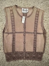 VTG DEADSTOCK SCULLY Leather Vest Button Up Intricate Knit Women s Button Top