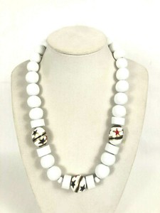 Star Wood Bead Vintage 80's Red White Blue Painted 25" Necklace VGC