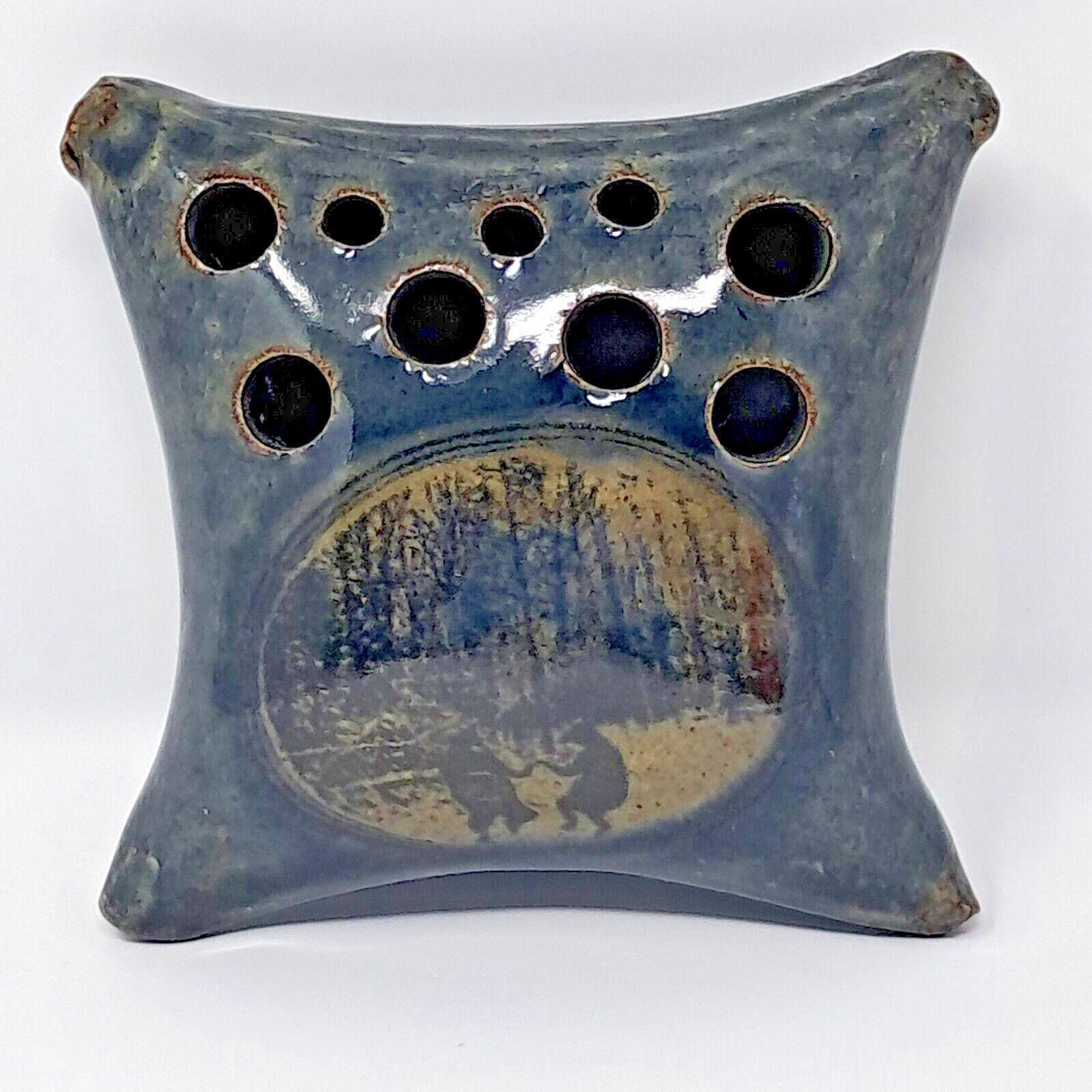 Stoneware Pottery Floral Frog planter w/ Woodland Children Winter Scene