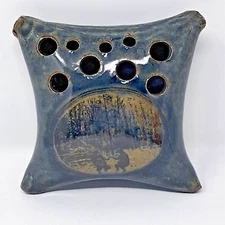 Stoneware Pottery Floral Frog planter w/ Woodland Children Winter Scene