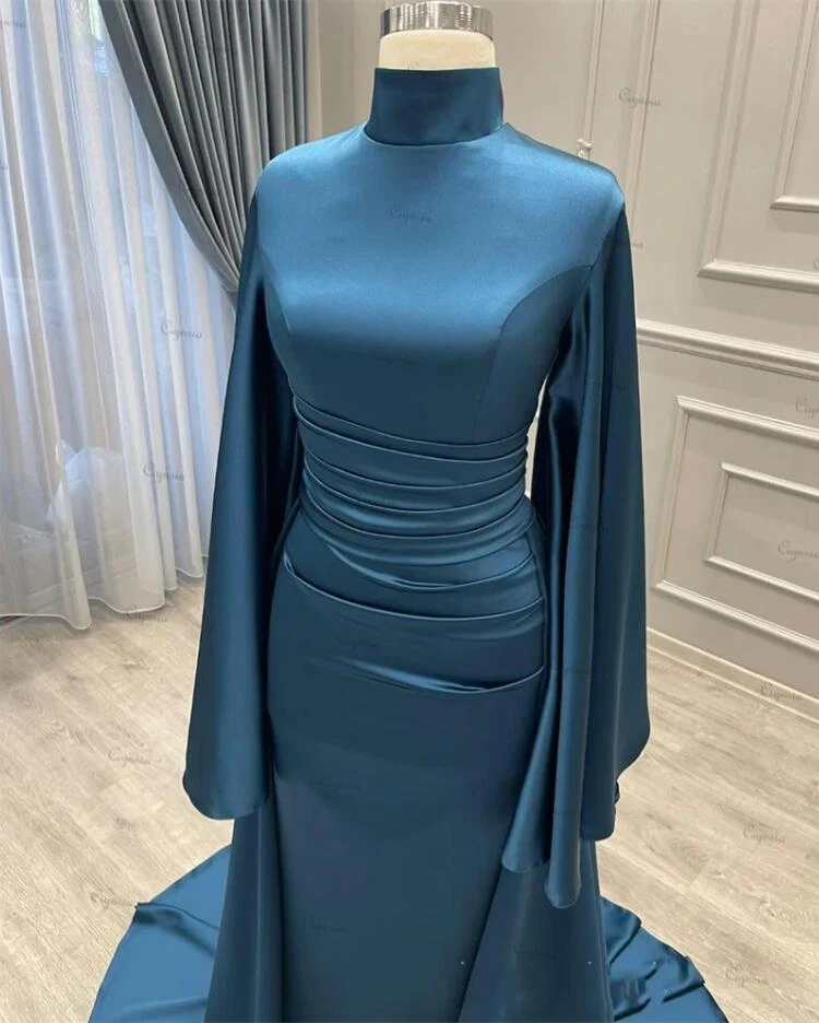 Vestidos de Noche Musulmanes para Fiesta Mangas Largas Satén Sirena Formales Baile de graduación Vestidos Foto 3 de 4