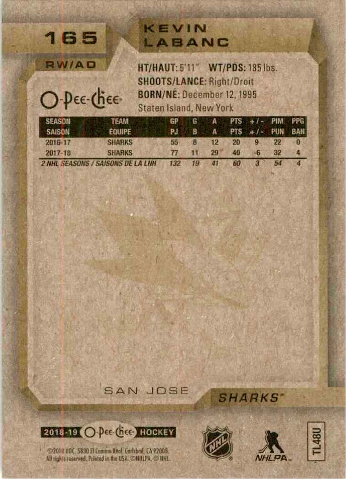 2018-19 O-Pee-Chee Kevin Labanc #165 - Image 2 of 2