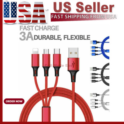 3 in 1 USB Micro Type C Fast Charging Cable Cell Phone Tablet Tab Cord Charger
