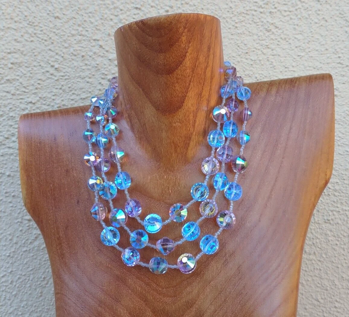 VENDOME VINTAGE FACETED BLUE AB CRYSTAL GLASS BEADS THREE STRAND NECKLACE