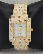 Ladies Geneva Fashion Paved Rectangle Gold White Tone Cuff Band Watch I2