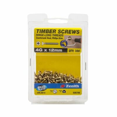 Zenith 4G x 12mm Brass Plated Hinge-Long Thread Timber Screws - 100 Pack