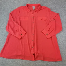 Catherines Blouse Button Up V-Neck Coral Collared Stretch Long Sleeve Womens 2X