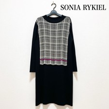 Sonia Rykiel Knit Dress Black Gray Check Women Size M Wool Blend Made in Japan