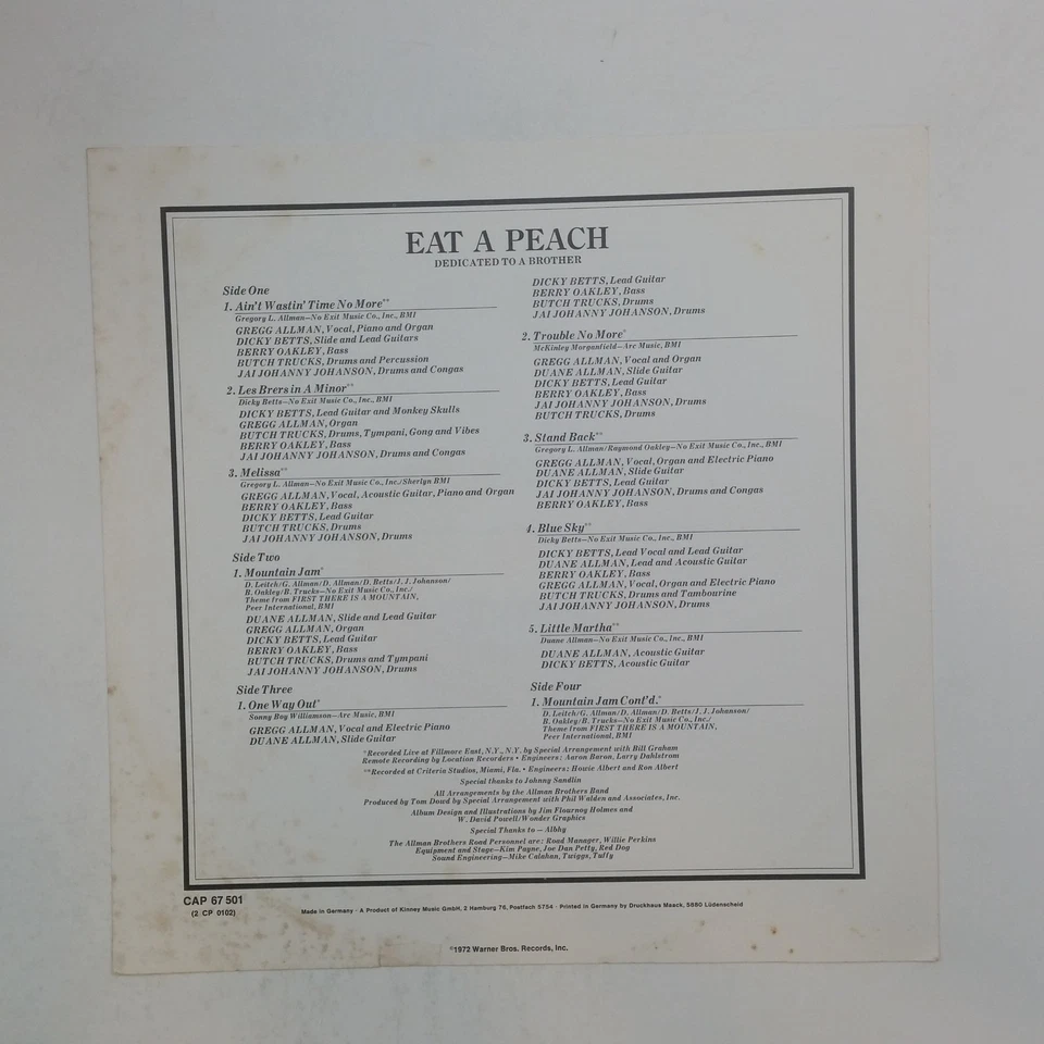 Пластинка долгоиграющая виниловая ALLMAN BROTHERS Eat A Peach K67501 очень хорошее состояние++ видеорегистратор очень хорошее состояние+ вставка GF Великобритания 1972 г. - Изображение 4 из 4