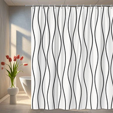 Modern Black and White Shower Curtain with Wavy Design