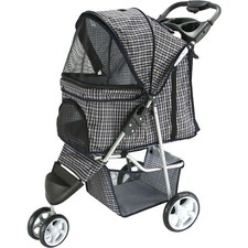 Paws  Pals Pet Stroller Blue Plaid Cats Small Dogs Storage Basket Cup Holders