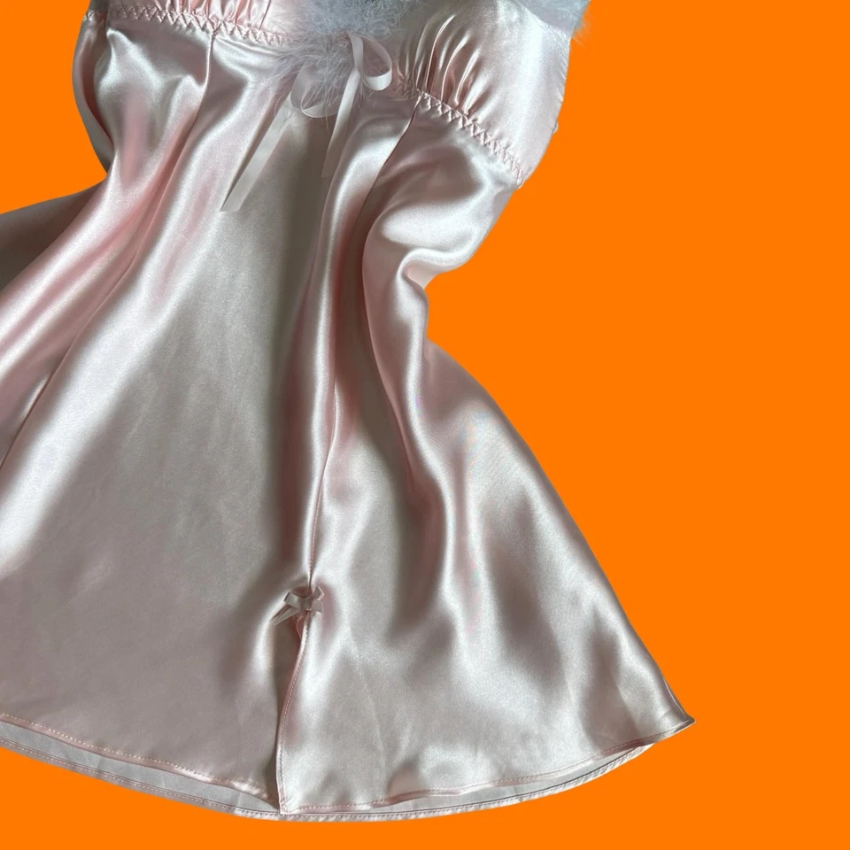 00's vintage baby pink satin feather maribou y2k lingerie babydoll slip M apt 9 - Image 3 of 4