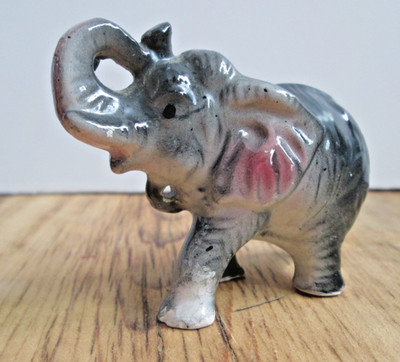 Ceramic Elephant Small 2'' Gray Pink Ears Trunk Up Standing Porcelain *Chip READ