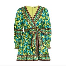 NWT Alice + Olivia Simona Mini Wrap Dress Blue Floral Tie Waist Long Sleeve Sz 2