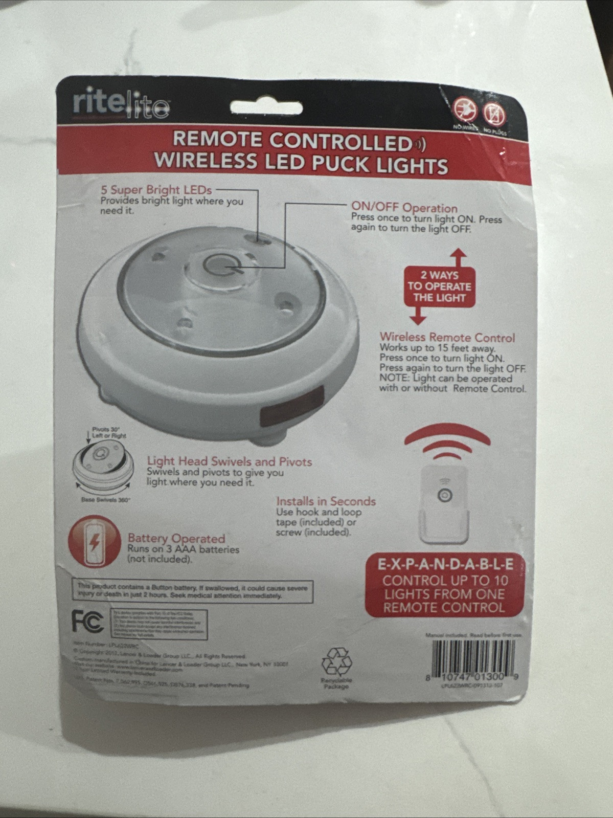 Rite Lite Remote Controlled Wireless LED Puck Lights Set Of 2 No Wires No Plugs