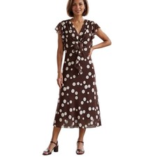 J.B.S. Ltd Brown White Polka Dot Ruffle Flutter Sleeve Midi Dress 14 Vintage
