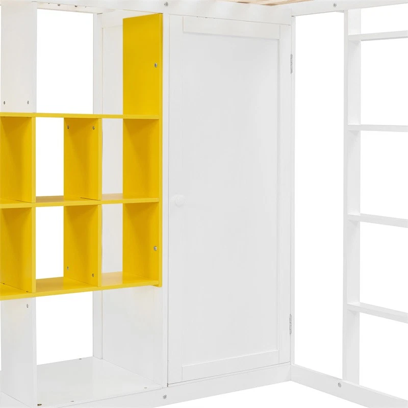 Cama tipo loft de madera tamaño doble con armario, estantes de almacenamiento y armario, blanco + amarillo  Foto 4 de 4