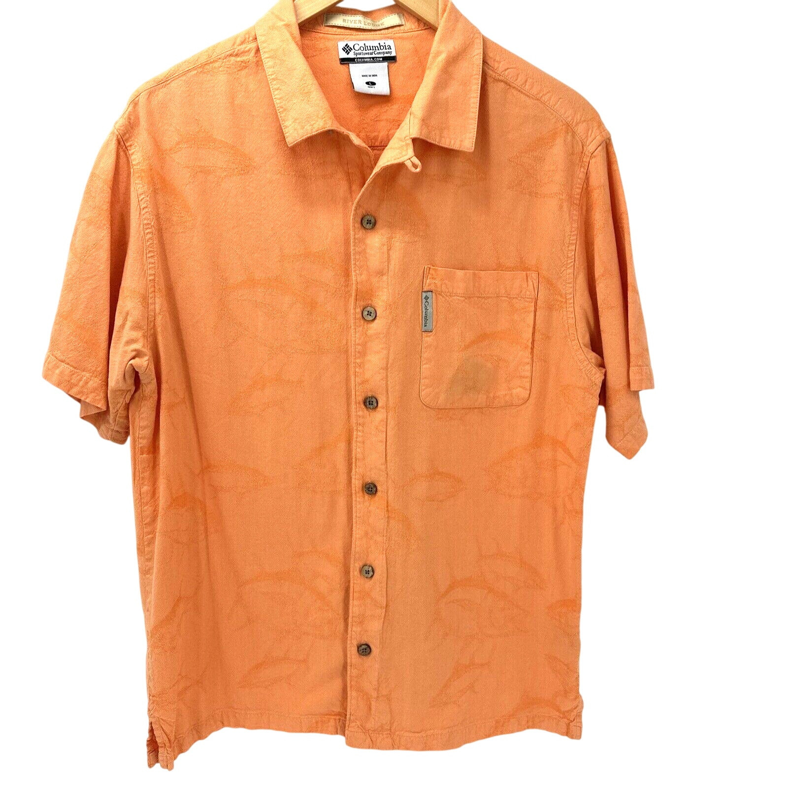 Columbia Shirt Mens Large River Lodge Fish Print Orange Button Up Short Sleeve