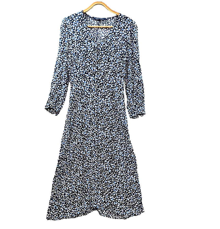 French Connection Dress Womens A-line Midi Size 8 Navy Blue White Long Sleeve
