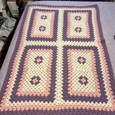 Handmade Crochet Baby Afghan Blanket White Pink Blue Purple 48 X 32 Lap Blanket