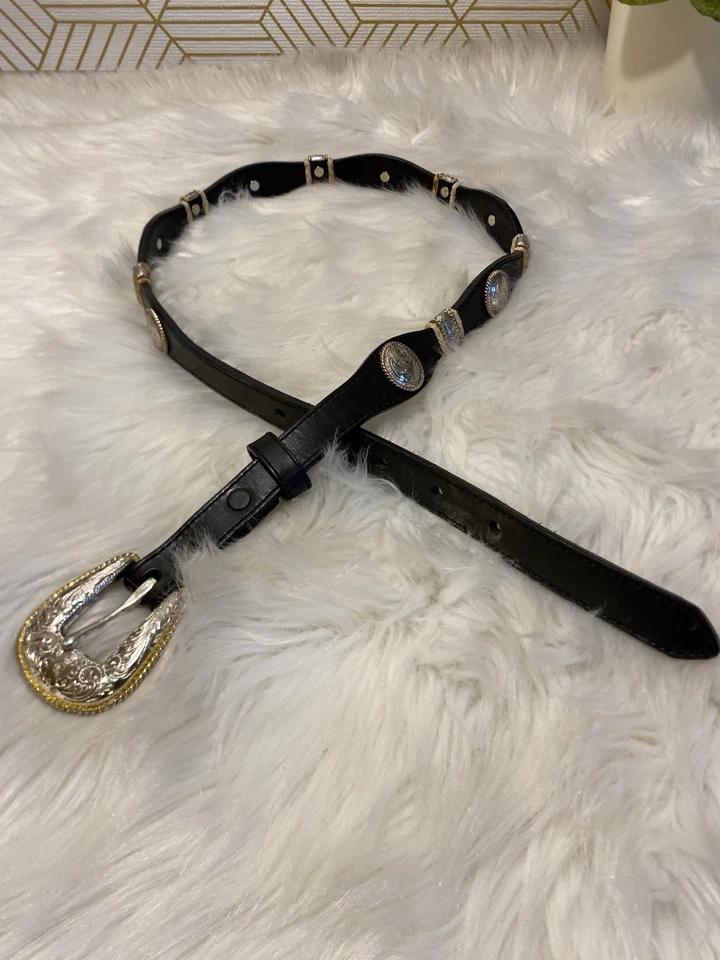 Tony Lama Western Boho Vaquera Cuero Negro Concho Cinturón Plateado y Dorado 30 Talla S Foto 2 de 4