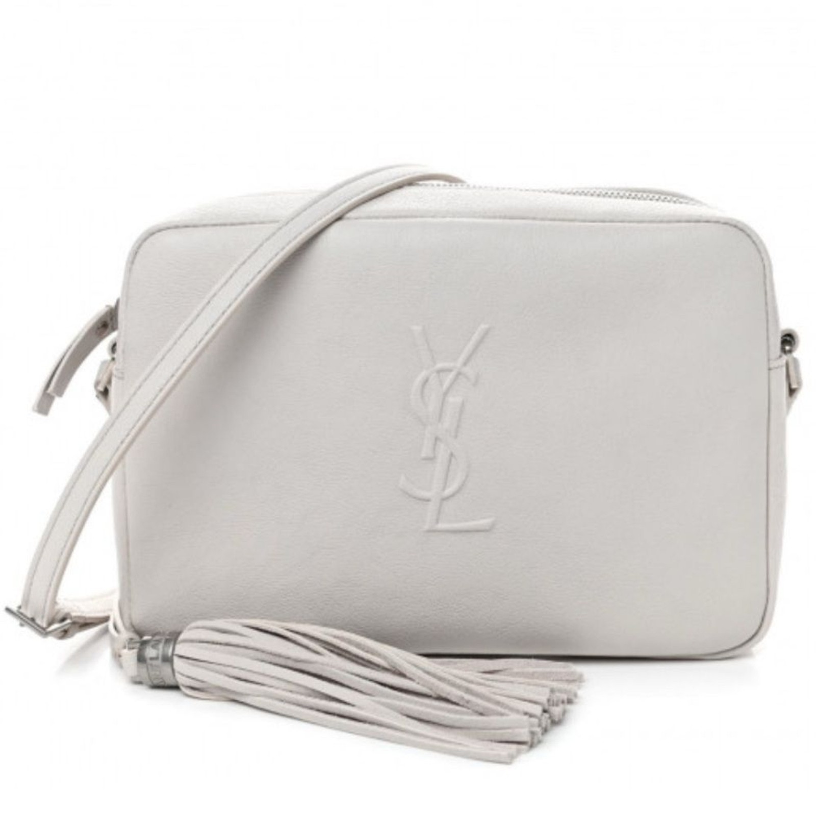 Borsa per fotocamera YSL Saint Laurent in pelle di agnello monogramma piccola Lou bianca