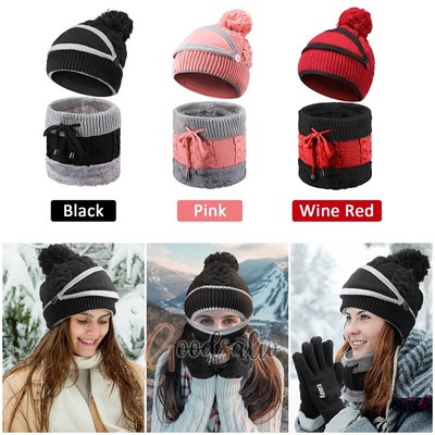 4Pcs/Set Winter Hat Mask Scarf Gloves Beanie Snow Knit Cap Touch Screen Gloves
