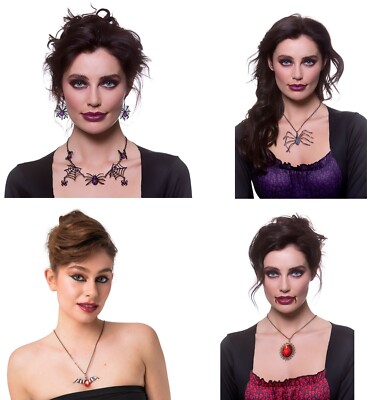 Gothic Halloween Halsketten Spinne, Vampirin, Rubin, Hexe mit Ohrringen