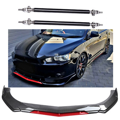 For Mitsubishi Front Bumper Lip Splitter Spoiler + Strut Rods Carbon Fiber