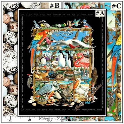 ELIZABETH'S STUDIO ''BIRDWATCHING'' PANEL, EGGS, BIRD COLLAGE FABRICS (SELECT)
