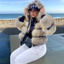 Luxury Real Natural Golden Island Fox Fur Hooded Coat Women Winter Warm Overcoat