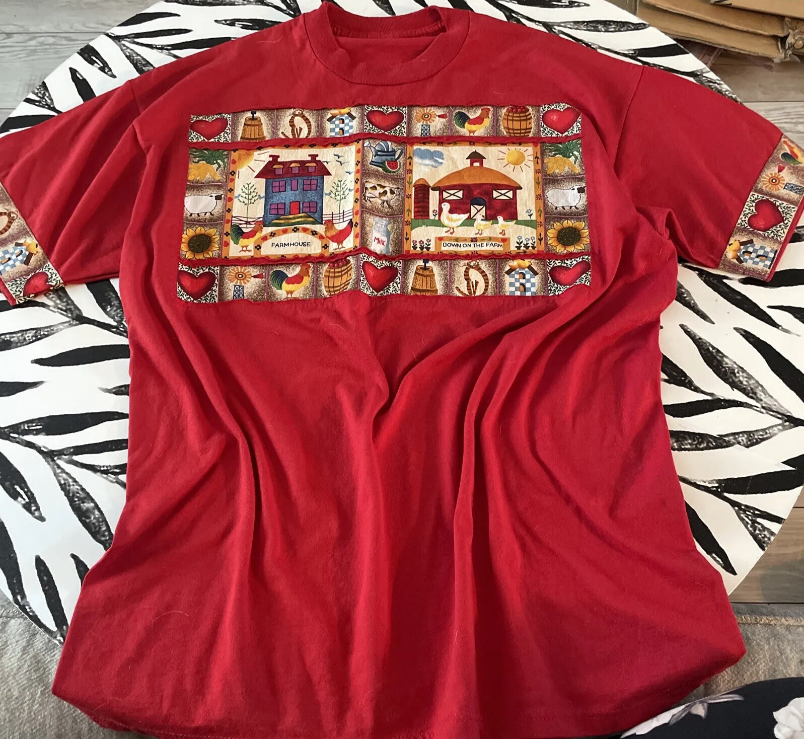 VTG 90s Barn Animals Patchwork CottageCore Farmho… - image 1