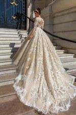 Elegant Lace Applique Wedding Dresses Long Sleeves Cathedral Train Bridal Gowns