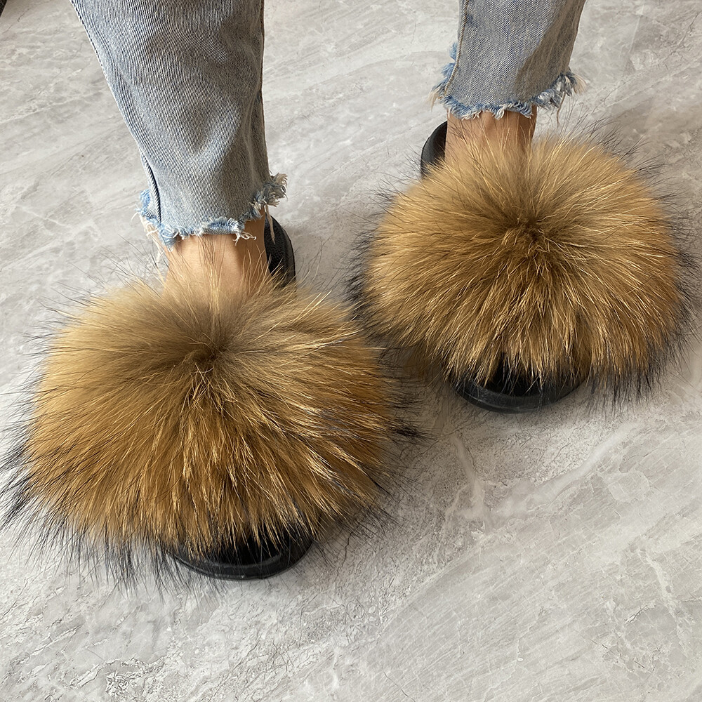 SAOLA Pantofole donna vera pelliccia di procione slider sandali estivi spiaggia scarpe pelose