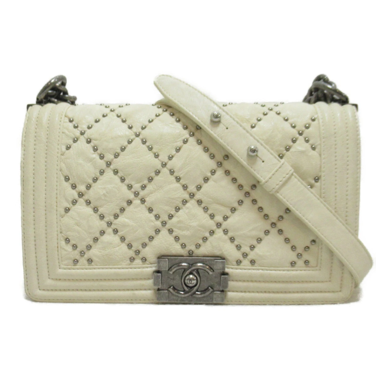 CHANEL White Studded Le Boy Flap Chain Shoulder Handbag Quilted Leather