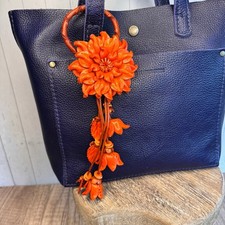 Leather Flower Purse Charm Genuine Leather Orange Mum Dahlia Bag Charm NeW 