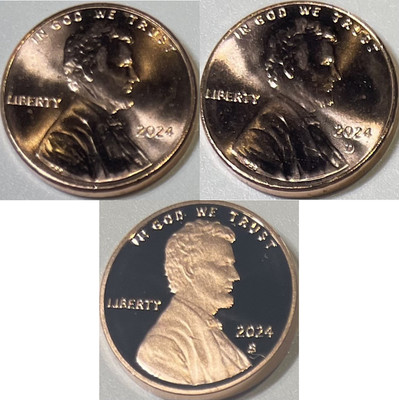 2024 3 Coin Lincoln Cent PDS Set with Uncirculated PD & Proof S