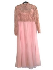 Vintage 70s Pink Lace Chiffon Maxi Dress Lace Sleeve Romantic Formal Gown