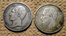BELGIUM TWO 5 FRANCS SILVER COINS 1851 AND 1873