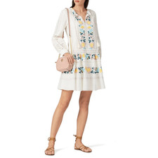 Tory Burch Boho Mini Dress Women's XS White Blue Embroidered Long Sleeve V-Neck