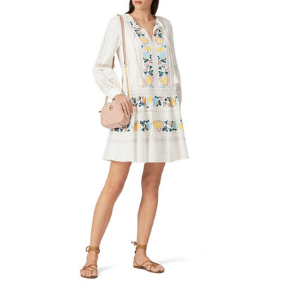 Tory Burch Boho Mini Dress Women's XS White Blue Embroidered Long Sleeve V-Neck