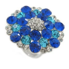 Rhodium Plated Sapphired Blue/ Clear/ Azure Diamante Cocktail Ring (Adjustable