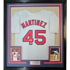 Framed Facsimile Autographed Pedro Martinez 33x42 Grey Reprint Laser Auto Jersey