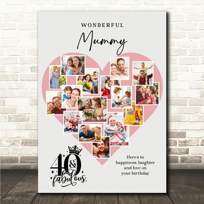 Fotocollage 40. Geburtstag Geschenk für Mama 16 Fotos rosa Herz Druck oder Leinwand