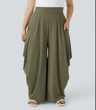 Halara Army Green Draped Wide Leg Pants XL High Waist Pockets Flowy Athleisure