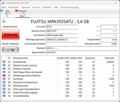 FUJITSU MPA3035AT 3.5GB, 3.5'', 5400U, IDE, SMART nicht i.O.
