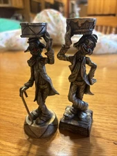 Pewter Circus Clown Candlestick Holders Standing Drums Red Nose Bucket Set Of 2