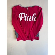 Victorias Secret PINK Full Zip Hoodie Red Gray Script Logo Sweatshirt S Casual