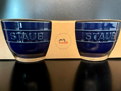 Staub 2pc Indigo Blue Round Ramekin Prep Bowls Ceramic NIB 3.75'' .25Qt Oven Safe