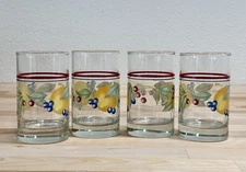 Set Of 4 Vintage Corelle Crisa Abundance Juice Glasses Fruit Pattern 4” Tall EUC